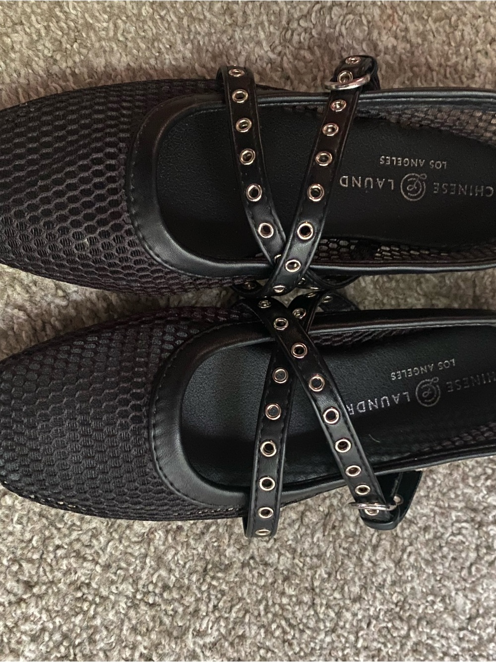 Chinese Laundry Black Textured Mary Jane Flats with Grommet Crisscross Straps